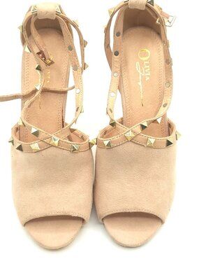 Olivia Ferguson Nude Suede Peep-Toe Studded Strappy Sandals Ankle Strap Women's